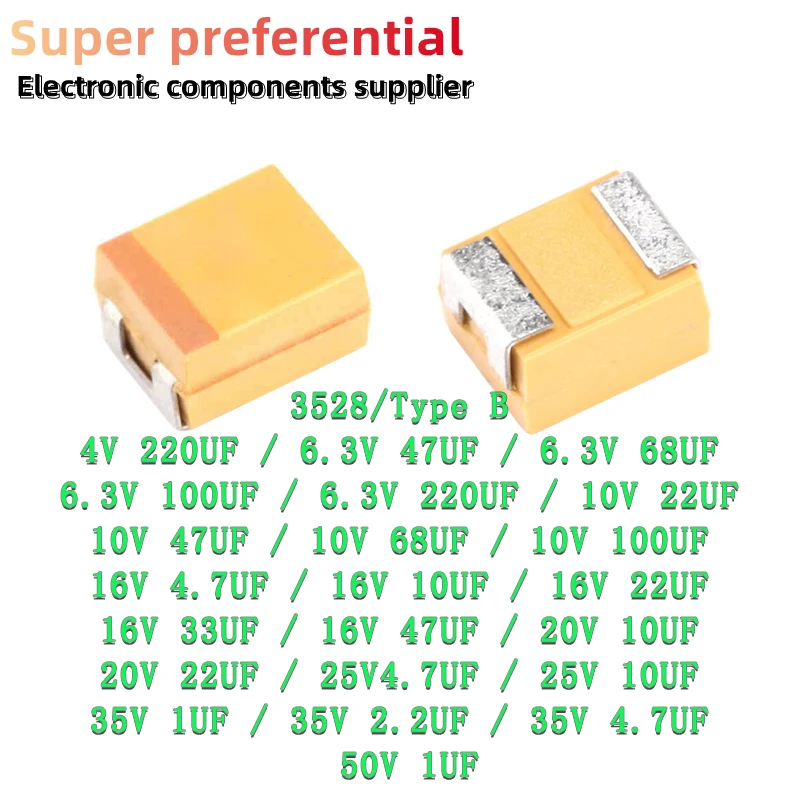 

Танталовый конденсатор типа B 1 мкФ Ф 4,7 мкФ 10 мкФ 47 мкФ 100 мкФ Ф 220 мкФ 4 в 6,3 В 16 В 20 в 25 в 35 в 50 в 3528 1210 227 476 107 475 106 105 10 шт.