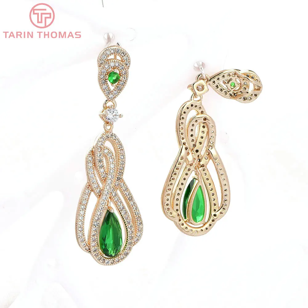 Латунные подвески в форме капли с цирконием 2 шт. 15 х46 мм 24 К золотистого цвета