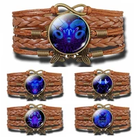 12 zodiac sign handmade vintage leather bracelet aquarius pisces aries taurus constellation jewelry birthday gift
