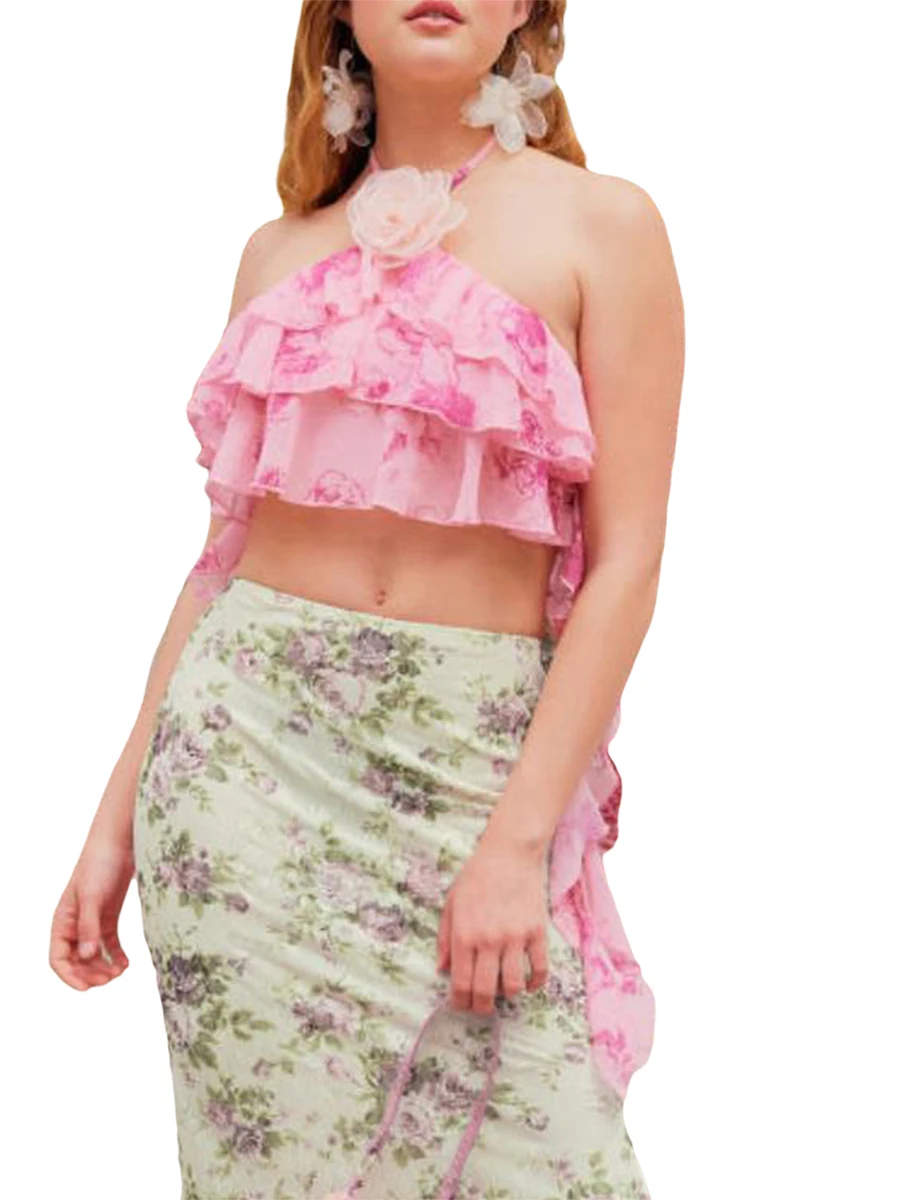 

Fabumily, женский цветочный дизайн Y2k, с рюшами, без рукавов, с рюшами, F-rose L