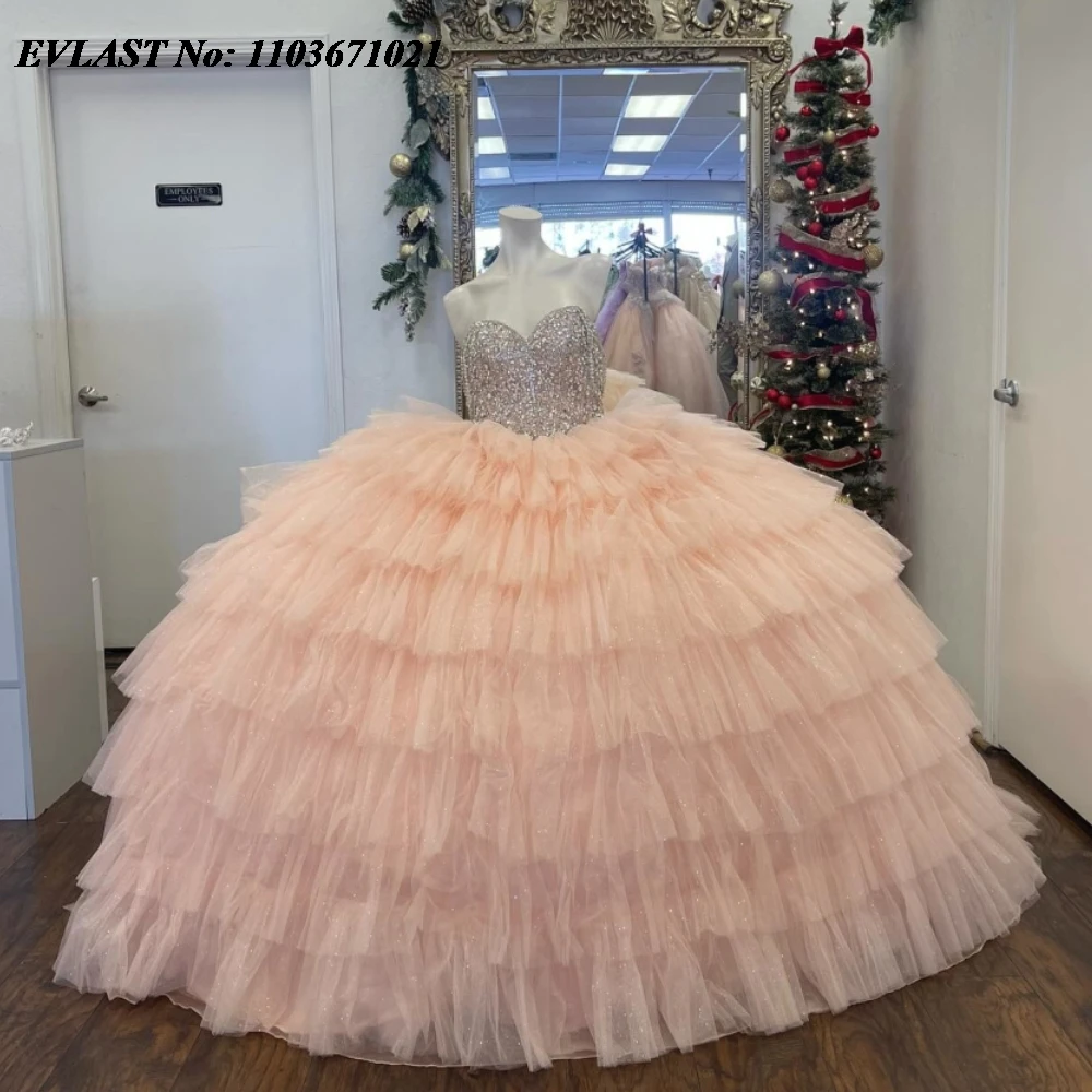 Роскошное розовое платье EVLAST Quinnceanera бальное многоярусная аппликация украшенная