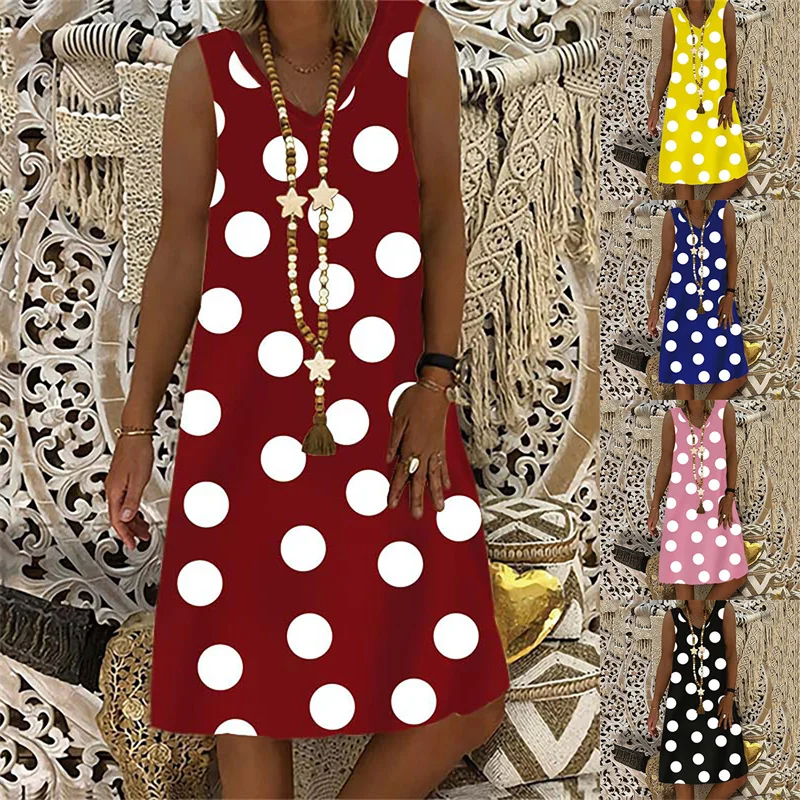 

Women's Elegant Print Dots And Hearts Women Sleeveless V-neck Dresses Boho Vintage Beachwear Girls Fashion Party Dress