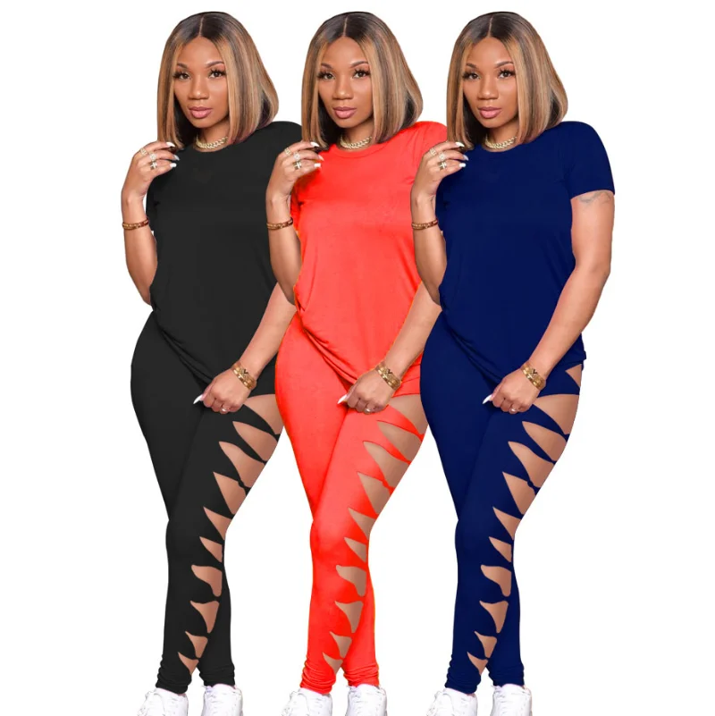 

Сексуальный женский комплект WUHE из двух предметов, футболка с коротким рукавом и брюки с дырками, костюмы 2023, летняя одежда, вечерние Клубны...