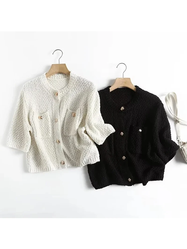 

TRAF Women 2022 New Fashion Cardigans Sweater Coat Sweater Vintage Short Sleeve Female Outerwear Chic Tops
