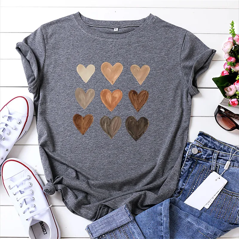 

Summer T Shirt 100%Cotton Women Shirts Fashion Heart Print T-Shirt O Neck Short Sleeve Tees Shirt Femme Vintage Women Tops