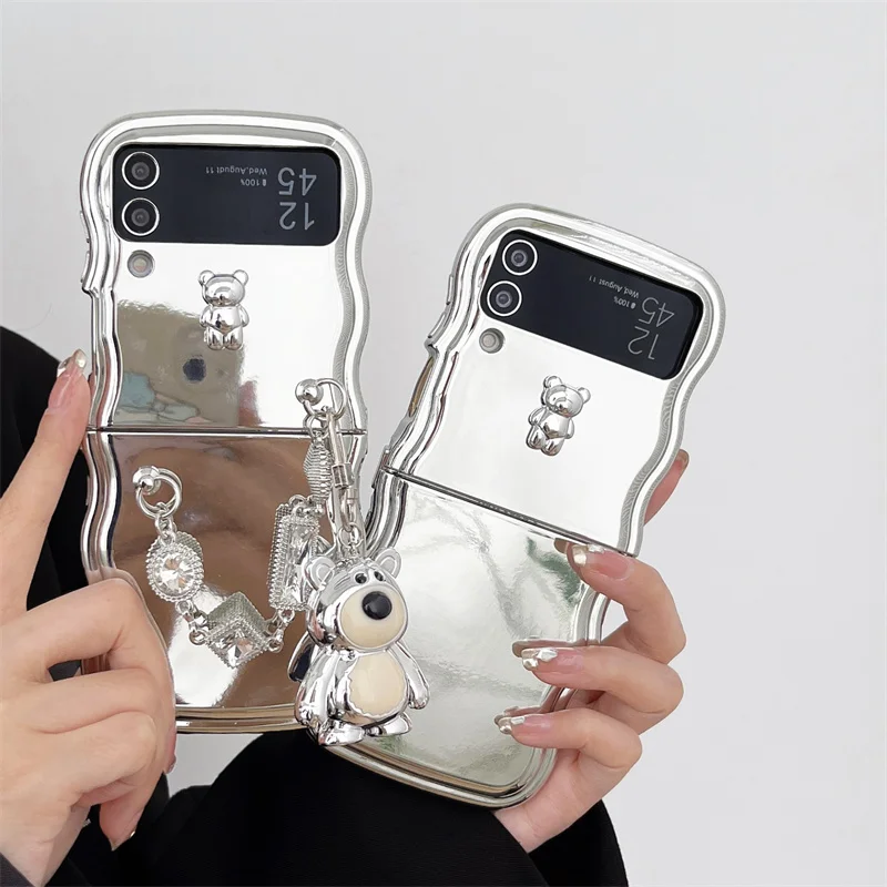 

Милый чехол для телефона с мультяшным медведем и подвеской с покрытием для Samsung Galaxy Z Flip 4 3 Z Flip3 флип P4 искусственная Обложка модные волнистые силиконовые чехлы