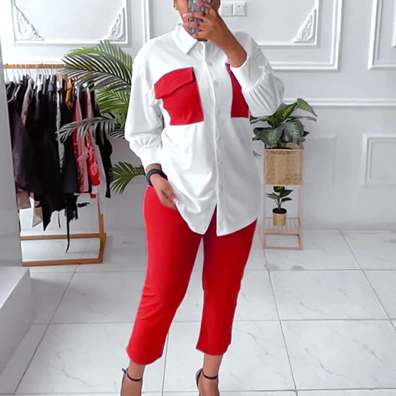 

Elegant Turn-down Collar Button Shirt & Straight Pants Sets Spring Casual Long Sleeve Outfits Autumn Fashion Patchwork 2pcs Suit