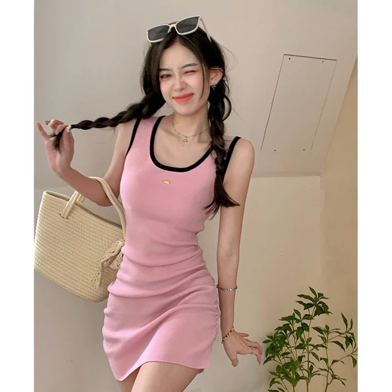 Женские платья 2023 летнее однотонное платье без рукавов милые женские с U-образным