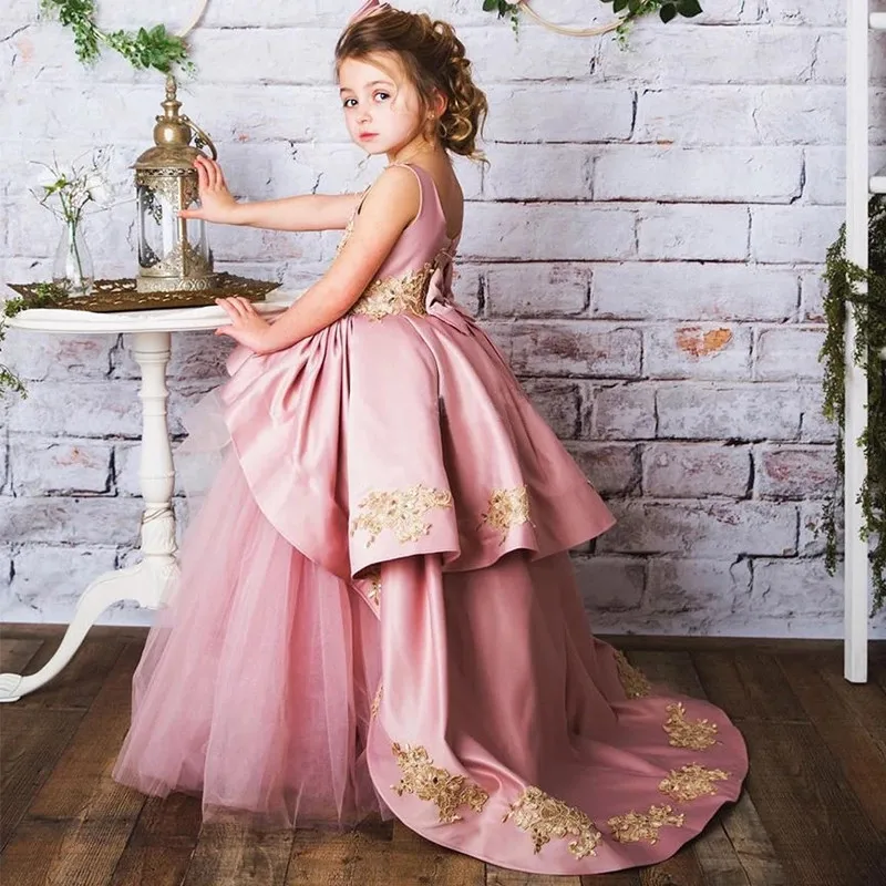 

Реальное изображение, розовое длинное бальное платье для девочек, изготовленное на заказ, пышвечерние, для дня рождения, детское, золотое, кружевное, Тюлевое, с цветами, платья для девочек на свадьбу