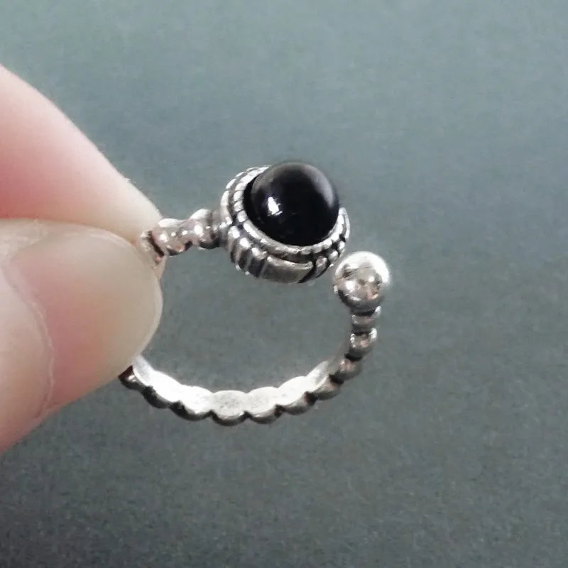 

New Design Retro Black Agate Ring Opening Adjustment Ring Personality Trendy Men's and Women's Jewelry Accessories