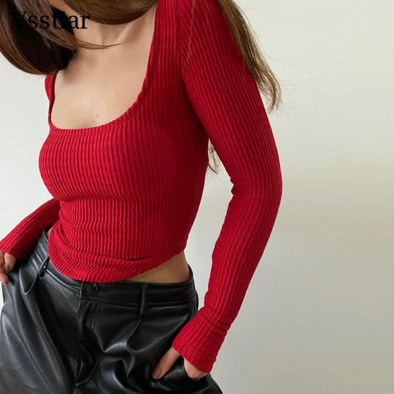

Vsstiar Ribber Knitted Women T Shirt New Fashion Casual Bodycon Fall Winter Cropped Long Sleeve Square Collar Solid Tees Top