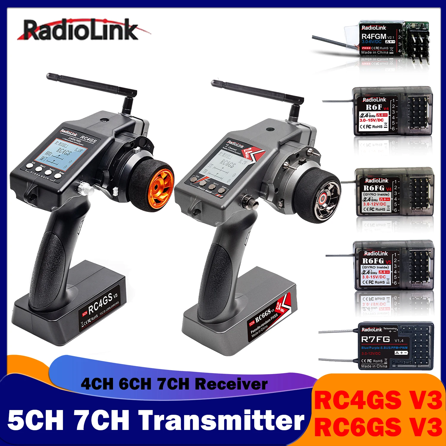 Передатчик RadioLink 5CH 7CH RC4GS RC6GS V3 2,4G, передатчик R4FGM R6FG R7FG, Гироскопический приемник для радиоуправляемого автомобиля, лодки, модели транспортных средств