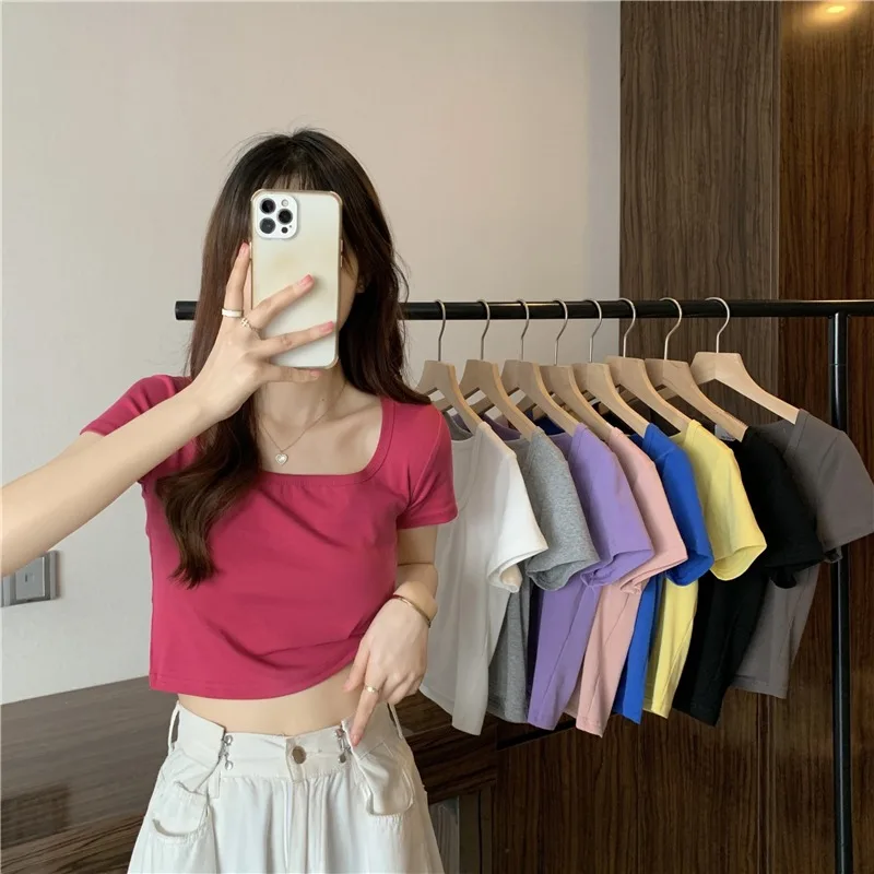 

2022 summer new net red, foreign style, square neck, solid color, short sleeve T-shirt, women's loose short, hot girl top fashio