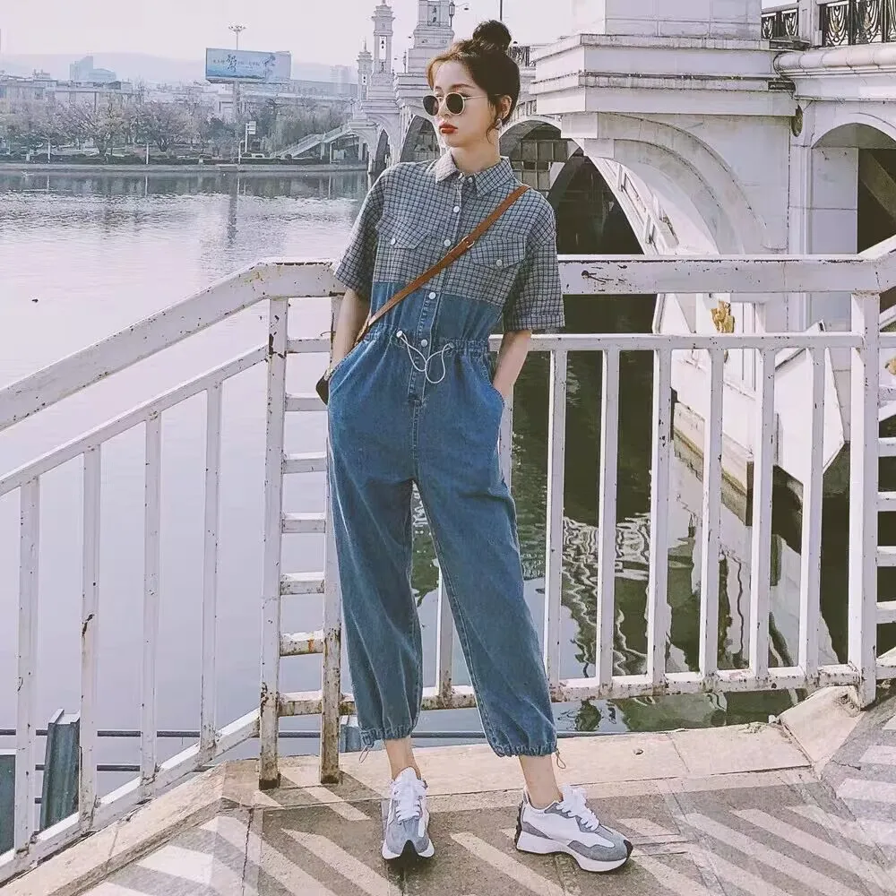 

Комбинезон женский в клетку, повседневный офисный комбинезон в стиле пэчворк с лацканами, Цельный боди, шикарный элегантный Ромпер