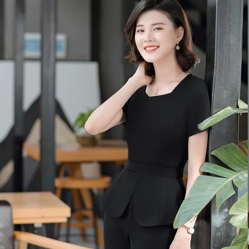Women's Summer Thin Fashionable Elegant Short Sleeves Professional Suit Front Office Dress Pearl Jewelry Store Workwear