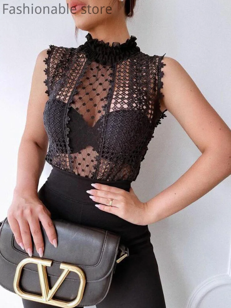 

Women Sexy See Through Sleeveless Black Lace Bodysuit