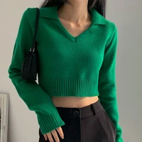 2022 new solid basic crop sweater for woman harajuku green knitted jumper 90s v neck pullover women casual long sleeve sweater