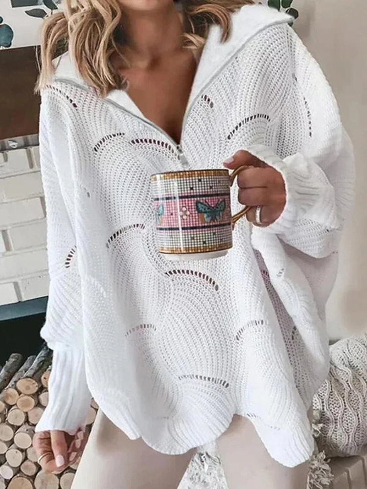

Hollow Out 2022 Autumn Winter Solid Pullovers Long Sleeve Zipper New Turn-Down Collar Fashion Sweet Ladies Sweaters Streetwear