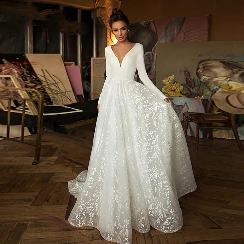 

Sexy V Neck Wedding Dresses A Line Long Sleeves Open Back Lace Cheap Bridal Bride Gowns For Women Sweep Train Vestidos De Novia