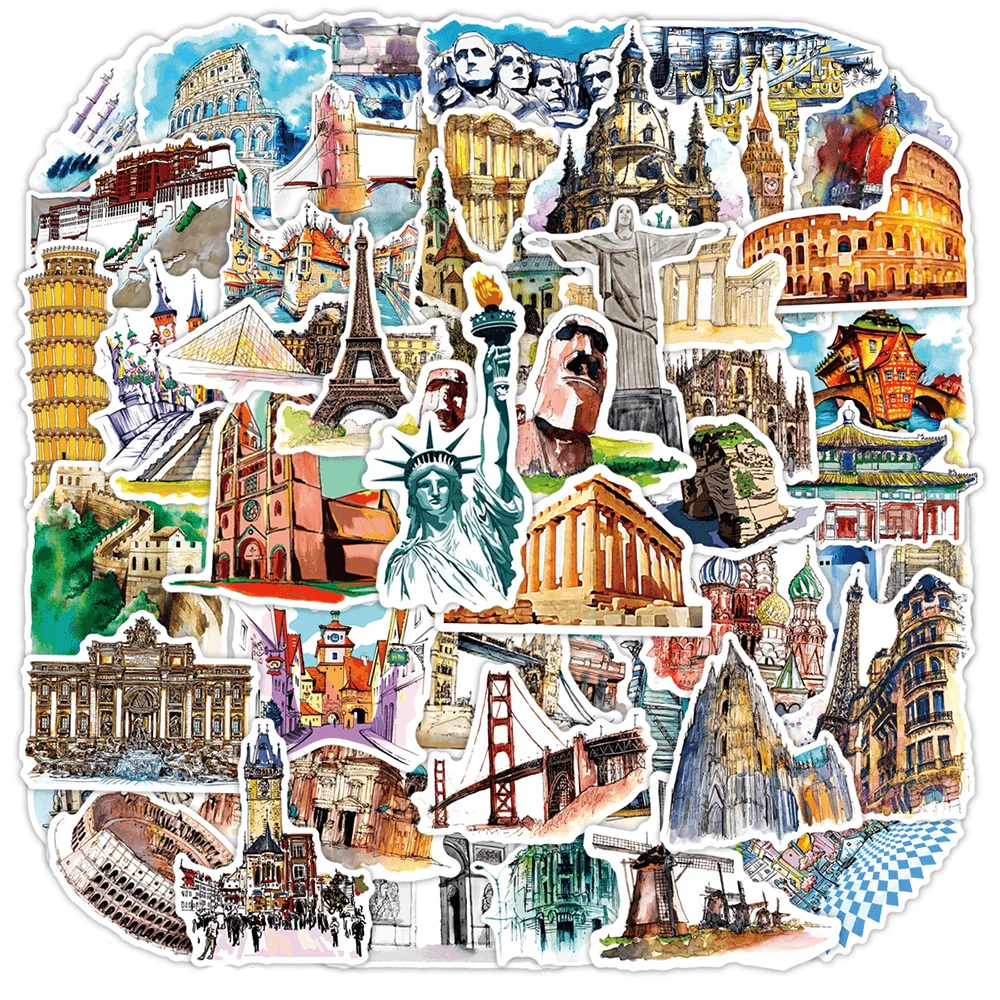 

50pcs Retro World Renowned Architecture Stickers Suitcase Phone Case Guitar Sticker DIY Scrapbook Vintage Journal Accessories