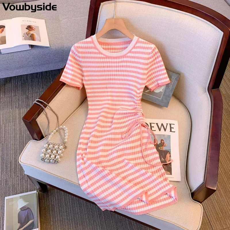 

Striped Slim Knit Dress Women's Summer Short Sleeved Round Neck Shirring Dresses