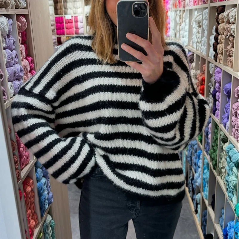 Вязаный свитер в полоску зимние женские повседневные мягкие свободные топы с