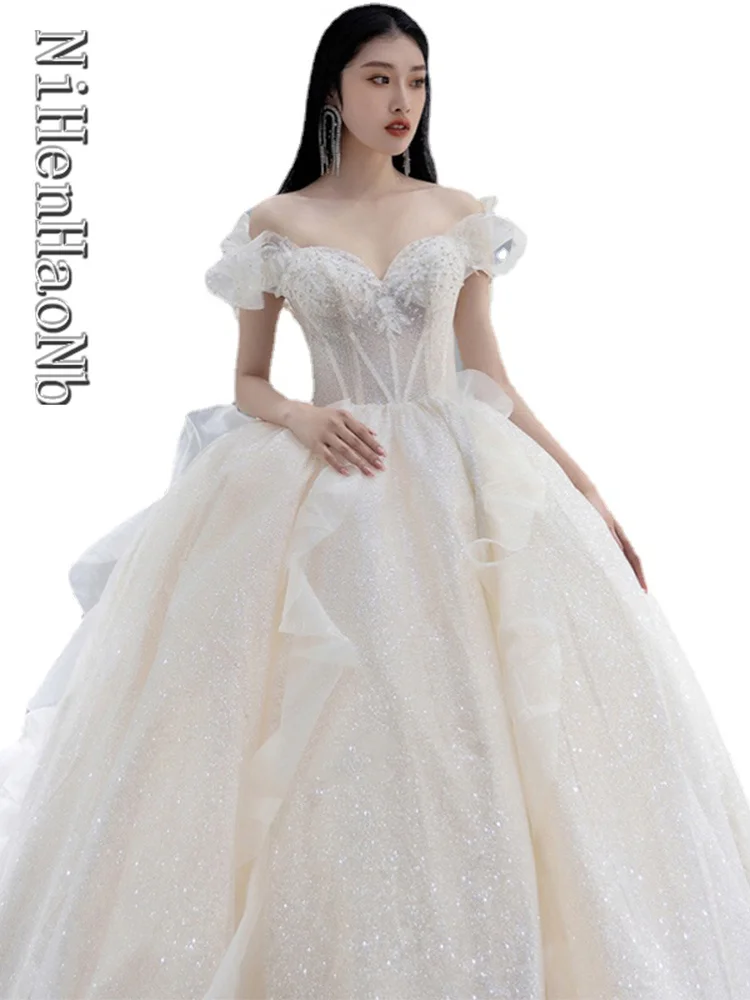 

Off Shoulder French Main Wedding Dress New Bride Temperament Dream Trailing High Waist Women