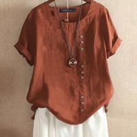 2022 summer o neck short sleeve blouse women cotton linen shirt casual loose buttons tops work top chemise ladies tops
