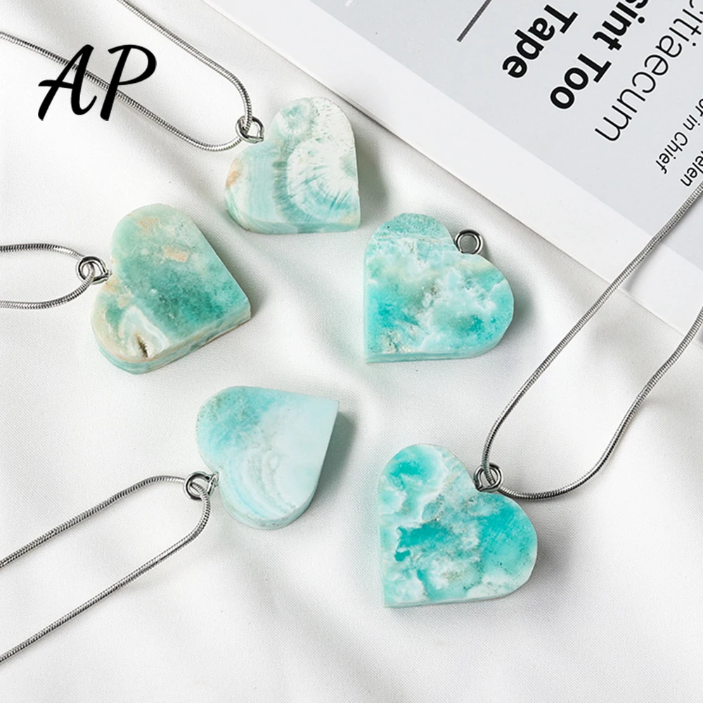 

1pc Natural Hemimorphite Ore Stone Heart Carving Pendant Caribbean Calcite Blue-Green Crystal Necklace Valentines Women Gift