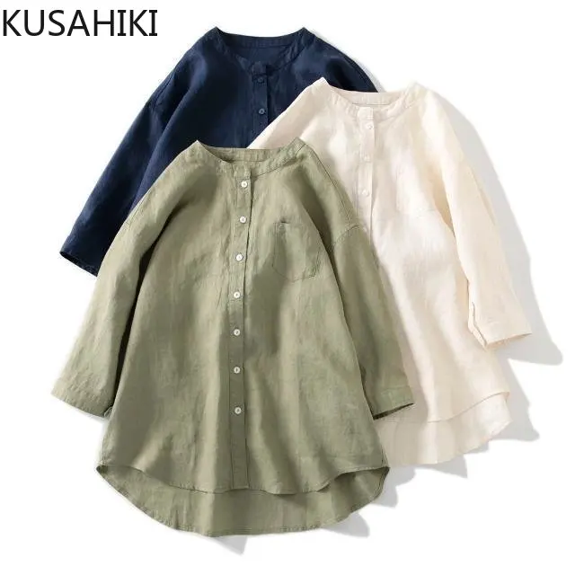 Женская рубашка из хлопка и льна с воротником-стойкой рукавом 2023