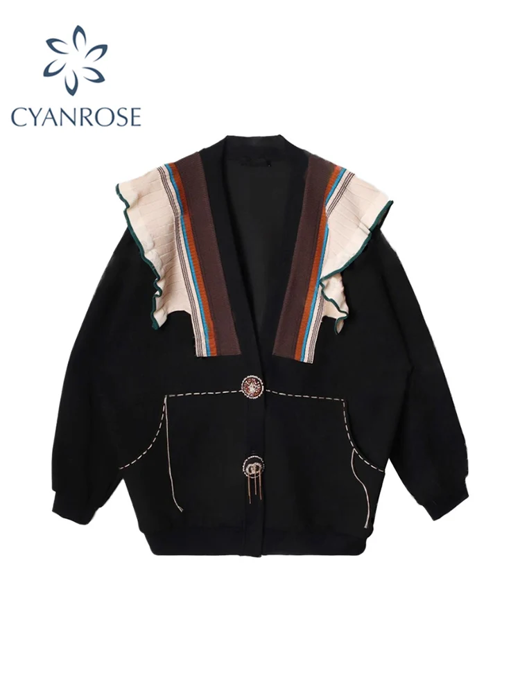 

Casual Fashion Women V Neck Black Sweatshirt Coat Long Sleeve Patchwork 2022 Autumn Winter New Korean Style Loose Button Outwear