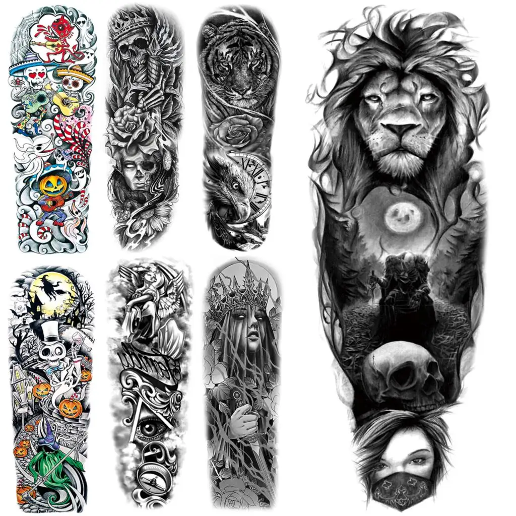 

Временные татуировки с длинным рукавом для мужчин, женщин, мужчин, реалистичный череп льва, тигра, Хэллоуин, тыква, искусственная кожа, Больш...