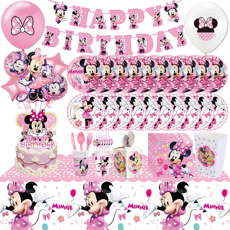 Украшение для дня рождения Минни розовая тема посуда чашки тарелки салфетки фон