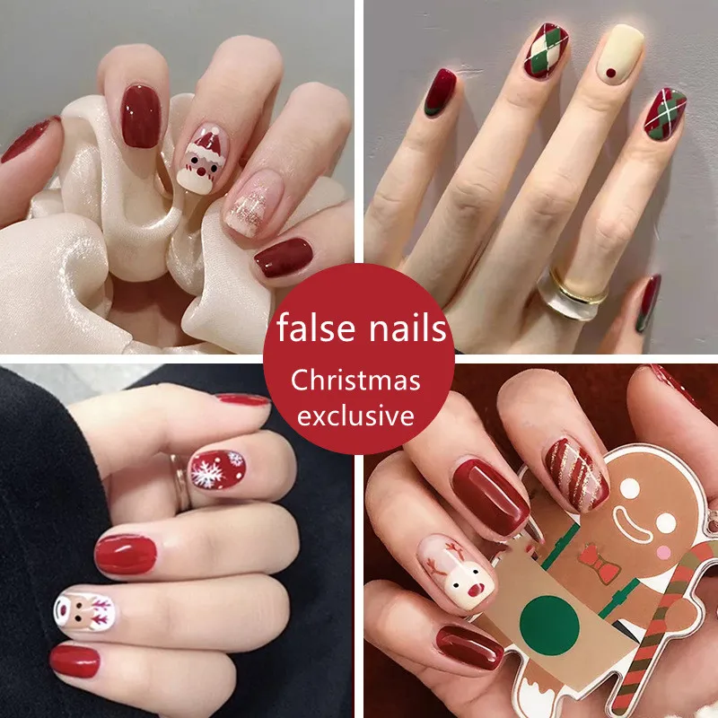 

24Pcs Christmas False Nails Wearable Short Square Fake Nails Coffin Ballet Press on Nail Red Elk Snow Design Manicure Tips