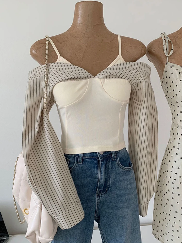 

French Elegance Blouses Women Sexy Summer Simple Slash Neck Top Off the Shoulder Basic Casual Fake Two Pieces Striped Crops Top