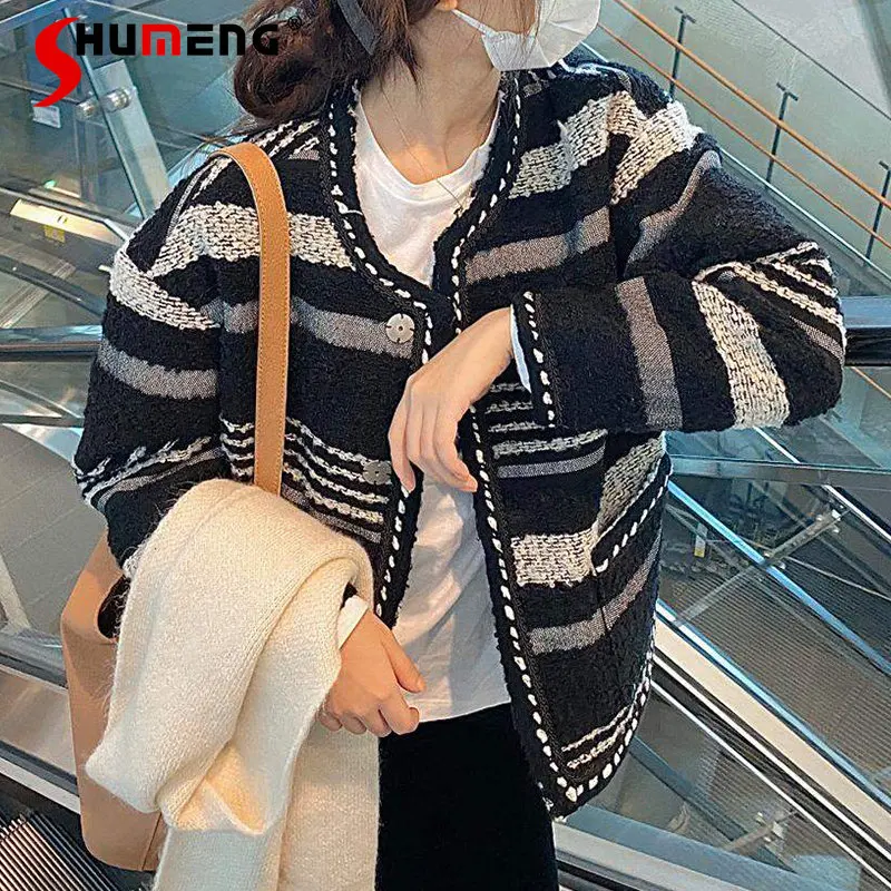 

Fashion Elegant Vintage Stripe Office Lady Tweed Short Coat Women's 2022 Fall Winter Trendy Loose Simple Woolen Cardigan Jacket