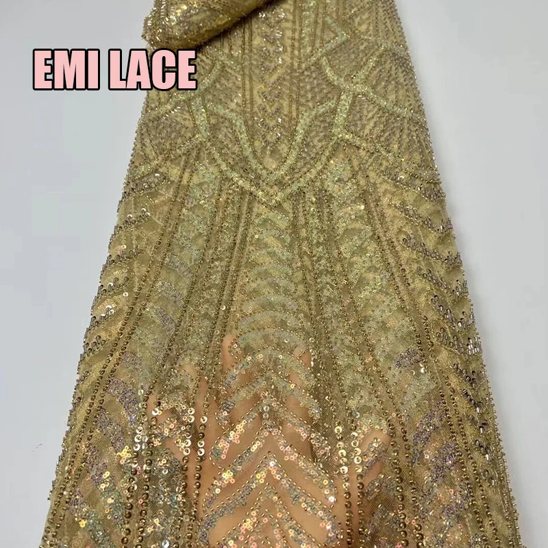 

Africa Fabric High Quality Luxury 2022 Golden Beads Net Lace With Beaded Sequins Rich Senegalese For Wedding Or Party Dress