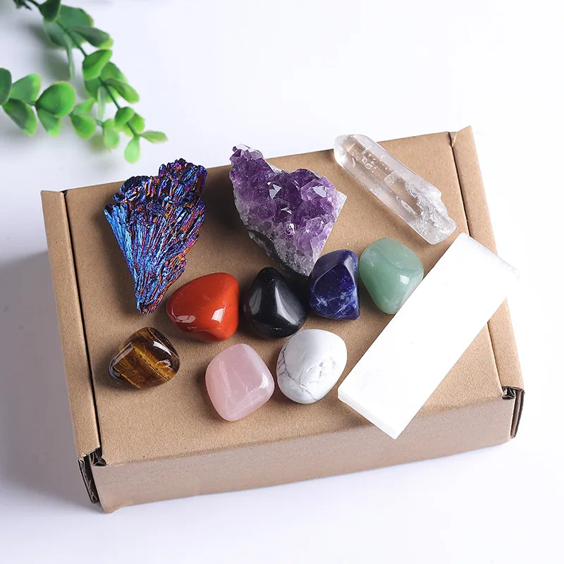 

Natural crystal amethyst cluster block seven-color gemstone set gift box mine label collection gift new wholesale