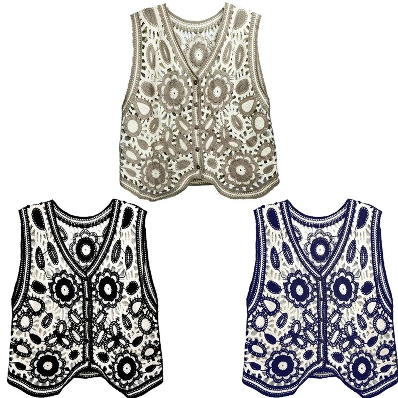 

Women Spring Crochet Sleeveless Sweater Vest Waistcoat V-Neck Button Down Hollow Out Knit Ethnic Floral Leaves Cropped Cardigan