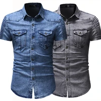 new mens short sleeve shirt solid color pleated pocket decoration slim shirt