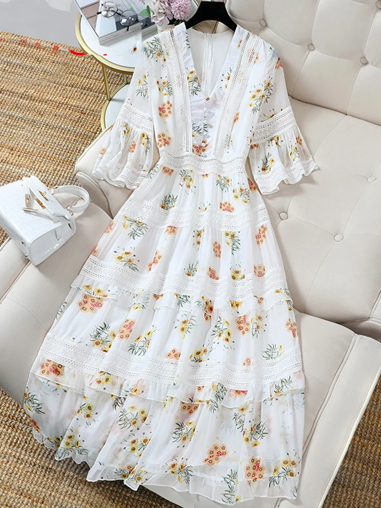 

Vintage Lace Chiffon Dress Casual Flared Sleeve V-Neck Printed Holiday Long Dresss 2022 Summer Fashion Korean Women'S Clothing