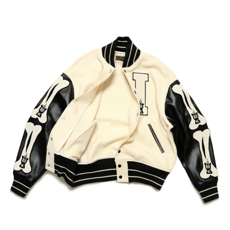 

KAPITAL 21AW Bone Embroidery Leather Sleeve Splicing Fallow Jacket For Men And Women