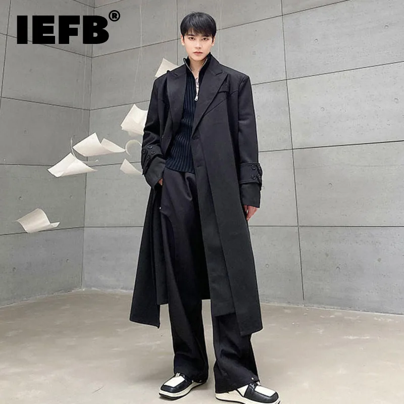 IEFB Thickened Double-deck Design Woolen Trench Coats Male Loose Casual Solid Color Tailored Collar Long Jacket New 2022 9A6416