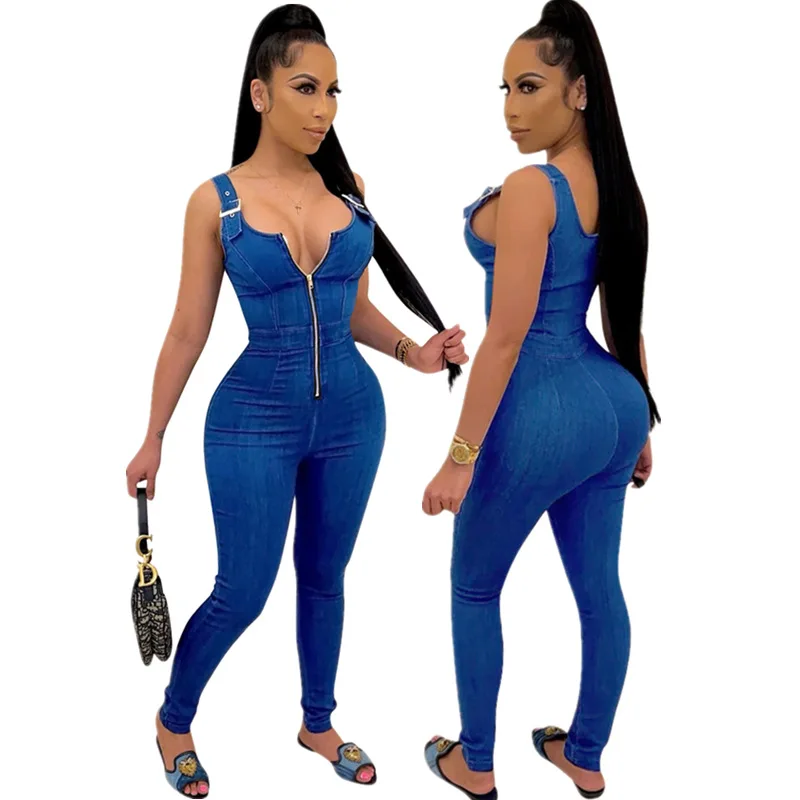 

2022 Women's High Elastic Denim Zipper Strap Jumpsuit Overalls For Women