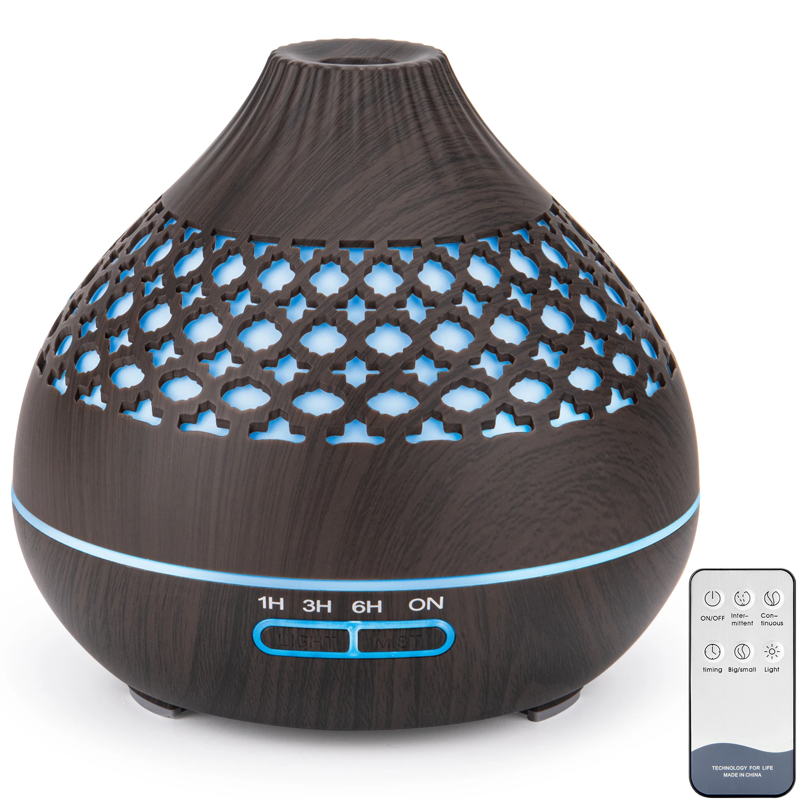 Carved Wood Grain Aroma Diffuser 400ml Dark Brown，Ultrasonic Air Humidification Of Office Aromatic Oil Diffuser，With Night Light