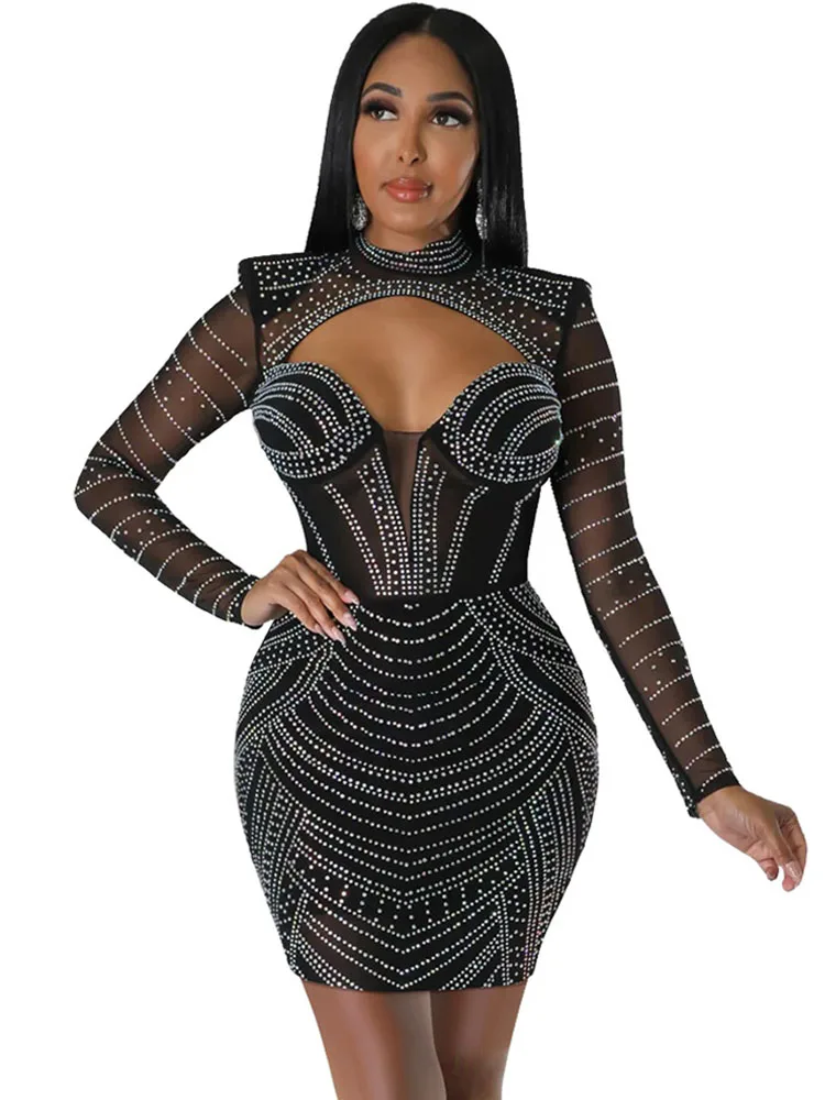

Sexy Mesh Rhinestone Prom Corset Dresses Luxury See Through Outfits For Women Evening Gowns Party Night Club Bodycon Mini Dress