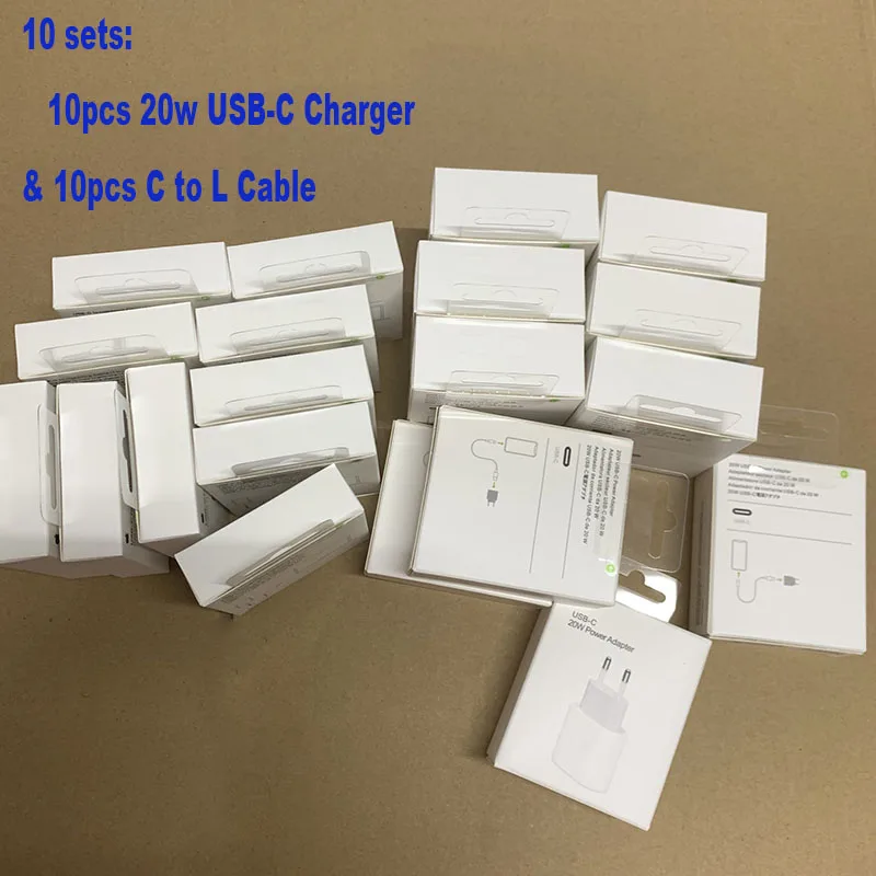 

Original Box 10 Sets 20W PD Fast Charger for iPhone 12 Pro Max USB C C2L Adapter EU Travel Charger QC3.0 for Apple 11 Cables 13