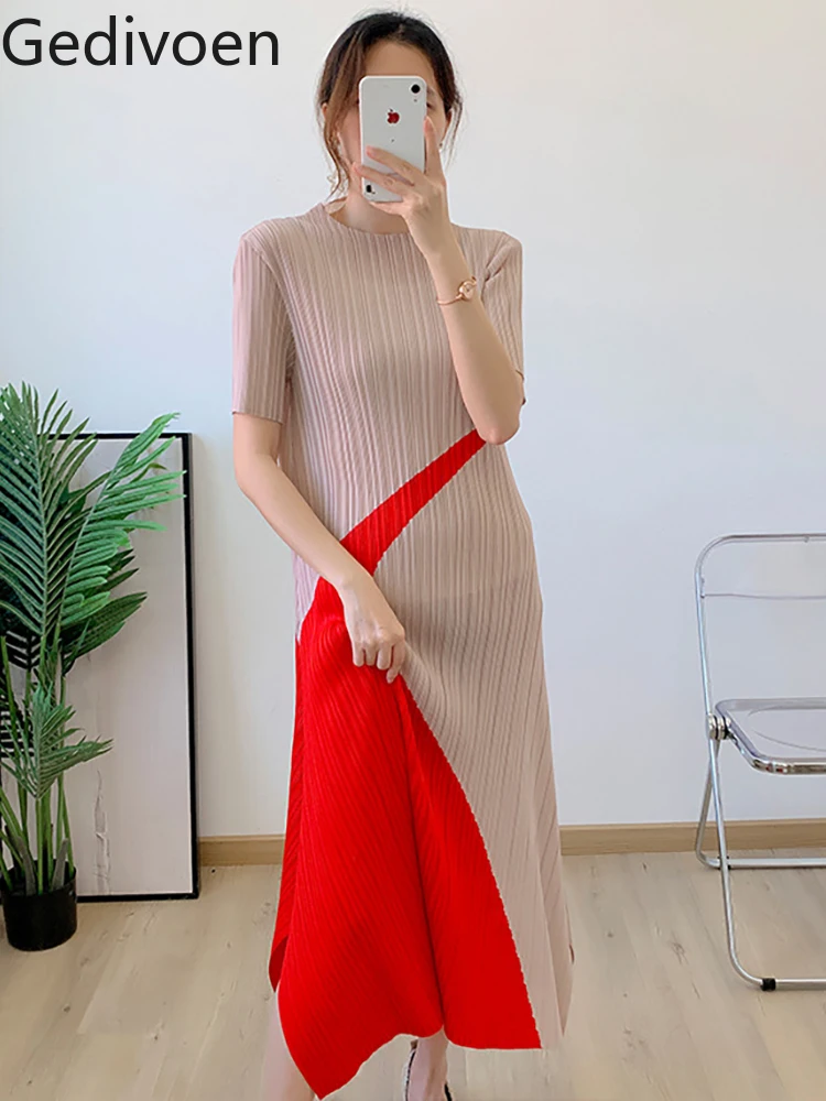 

Gedivoen High Quality Summer Women Fashion Runway Pleated Split Mini Dress Short Sleeve Colorblock Print Elasticity Loose Dress