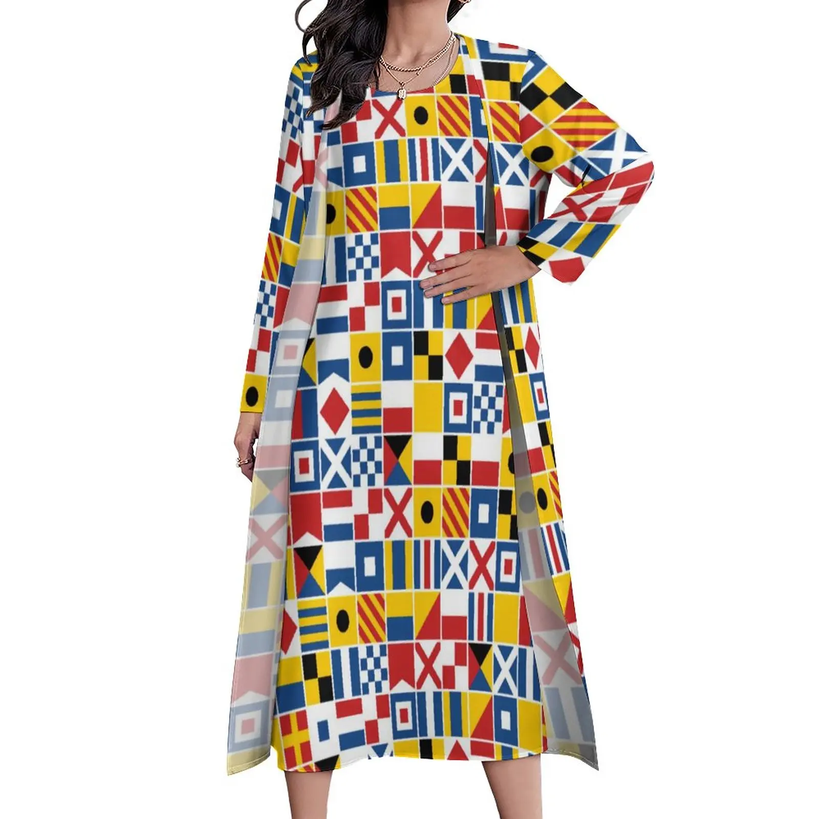 

Nautical Signal Dress Spring Colorful Flags Pattern Aesthetic Boho Beach Long Dresses Women Graphic Party Maxi Dress Large Size