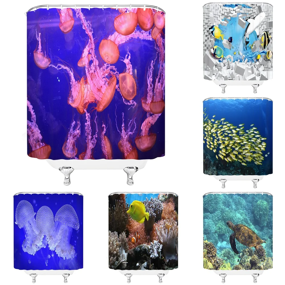 

Jellyfish Shower Curtain Underwater Sea Life Animals Tropical Ocean Fish Turtle Dolphin Fabric Bath Curtains for Bathroom Decor